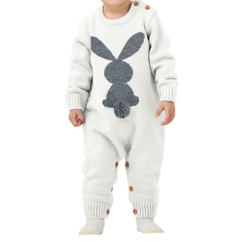 0-24M Newborn Cute Knitted Bunny Tail Patchwork Romper for Baby Boys Girls Weave Long Sleeve Jumpsuit Outfits Clothes