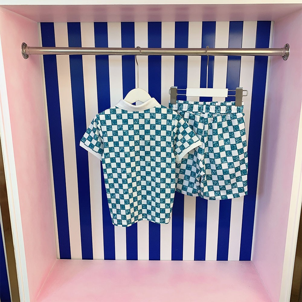 Designer 2022 popular summer new children's wear checkerboard loose shirt pullover short sleeve blouse boys and girls set