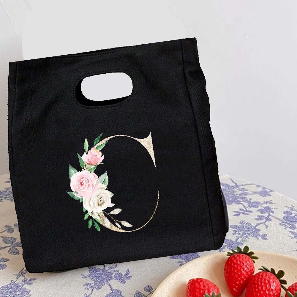 Rose Flower Letters A-Z Canvas Lunch Bag Harajuku Insulated Functional Thermal Pouch Cooler Bags for Women Funny Kid Picnic Box