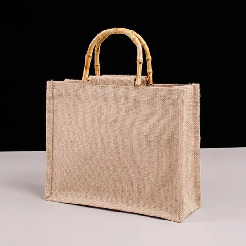 Portable Burlap Shopping Bag Jute Handbag Bamboo Ring Retro Carry Handles DIY Handbag Women Large Size Beach Bag for Girls