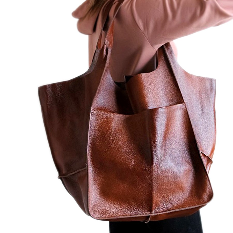 Elderly Designer Metal Look Luxury PU Leather Casual Shoulder Bags Soft Large Capacity Tote Bags Women Retro Big Shopper Purses