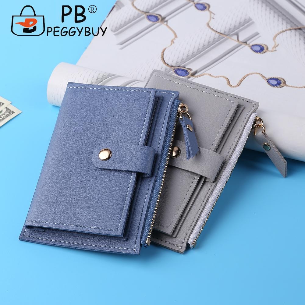 Fashion Women Solid Color Multi Slot Credit Card Holder Portable PU Leather Mini Coin Purse Multifunction Zipper Wallet