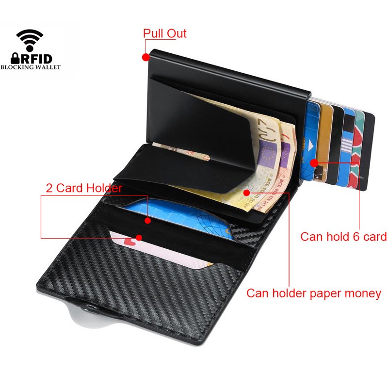 DIENQI - Men's Rfid Carbon Fiber Wallet, Black Leather Wallet, Small Wallet