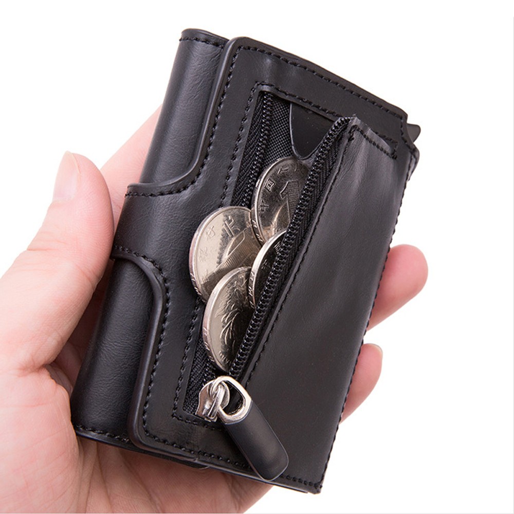 Card Holder with RFID Button for Men, Card Holder with Wallet Black, Metal, Aluminum, Auto Pop Up, Wallet Black