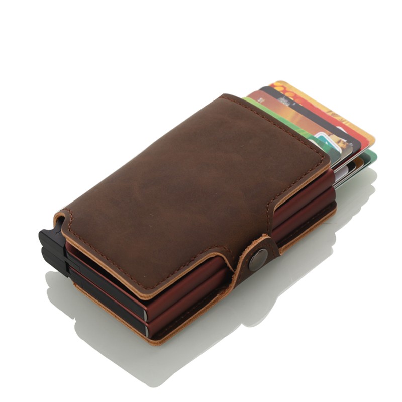 Dual RFID Aluminum Card Holder For Men Vegan Leather Card Wallet Card Holder With Automatic Pop Up