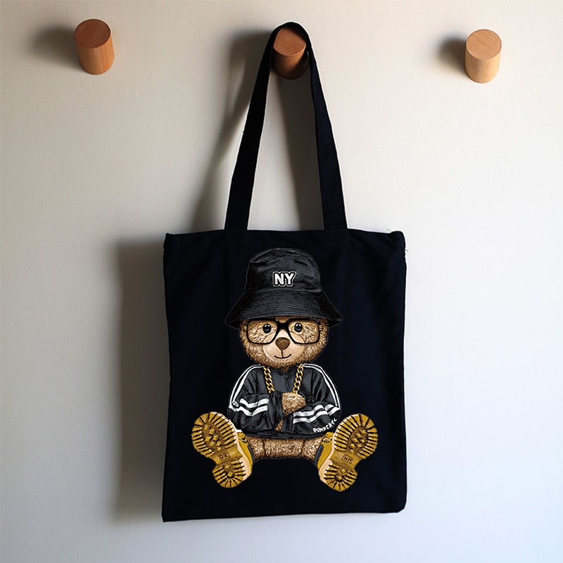 Women's Shopping Bag All-match Bear Chain Handbag Folding Reusable Canvas Shopper Harajuku Style Bag New Student Canvas Tote Bag