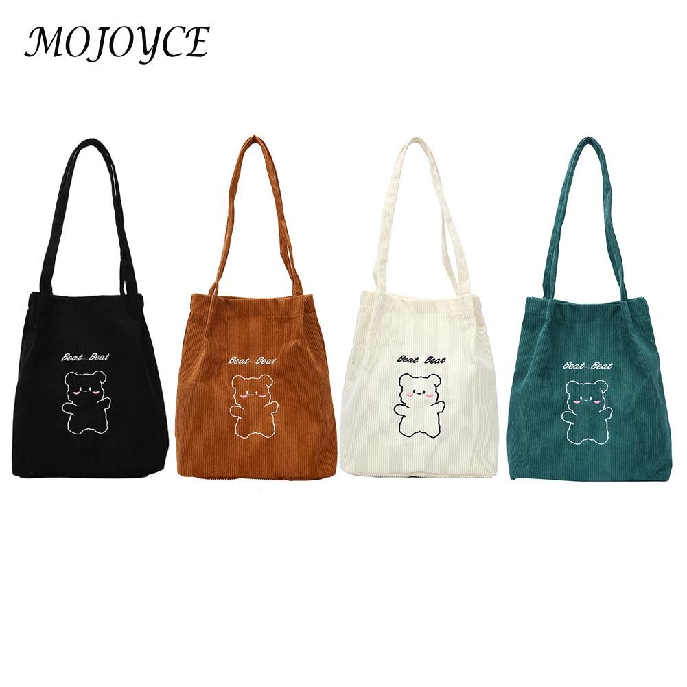 Retro female shoulder bag creative bear print design casual corduroy shoulder bag women large capacity bags