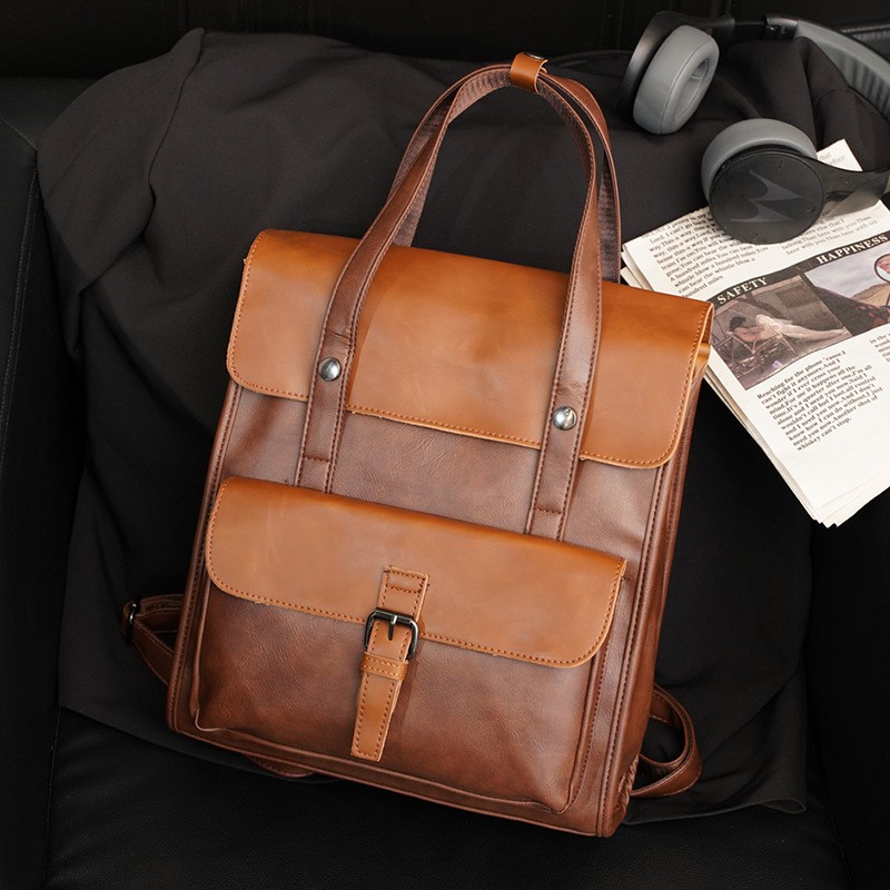 Leather Backpack Vintage Laptop Bag for Women Men Black College School Bookbag Weekend Travel Practical Bag