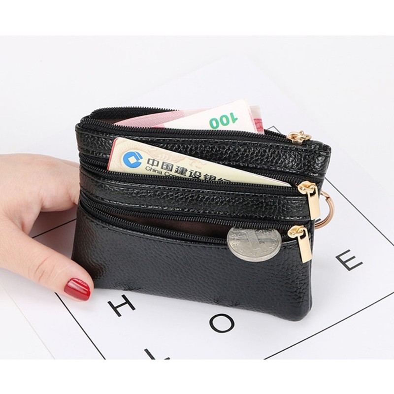 Women PU Leather Mini Coin Purse Three Zippers Card Key Holder Money Bag Female Girls Solid Color Mini Clutch With Keyring