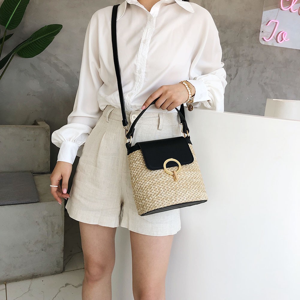 Women Bucket Casual Crossbody Bags Straw Weave PU Patchwork Top Handle Bags Summer Beach Female Flap Shoulder Messenger Bags