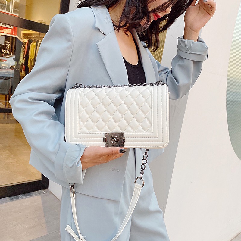 Women Designer Chain Shoulder Bags Rhombus Plaid Messenger Bag Handbags Square Ladies Simple White PU Leather Crossbody Bags Sac