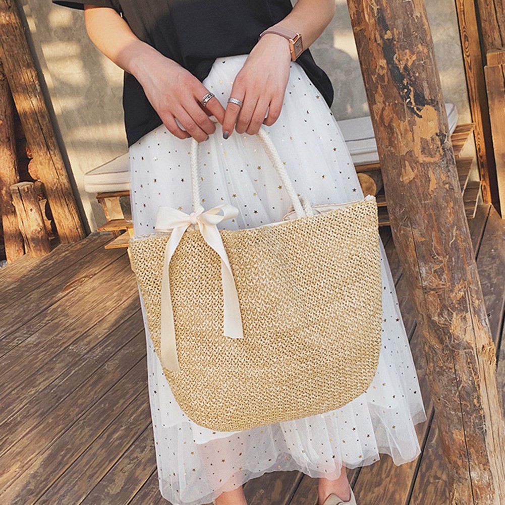 Women's handmade woven straw bag shoulder bag with bow large capacity rattan handle bag female summer beach casual handbag