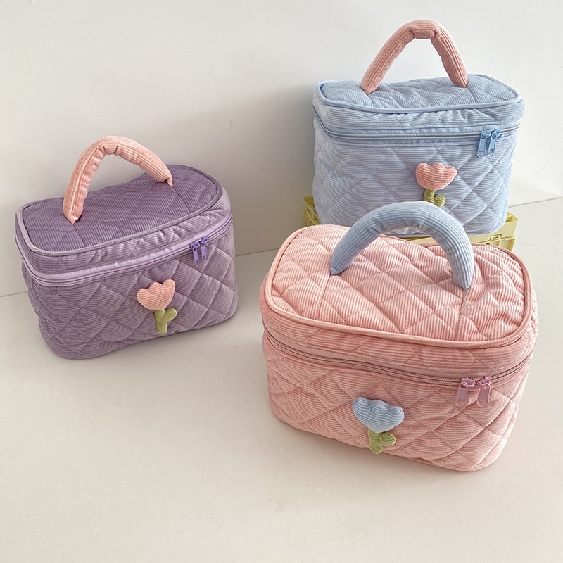 Women's Tulip Corduroy Makeup Pouch Ins Large Capacity Travel Cosmetic Bag Zipper Toiletry Cases Portable Comestics Storage Box