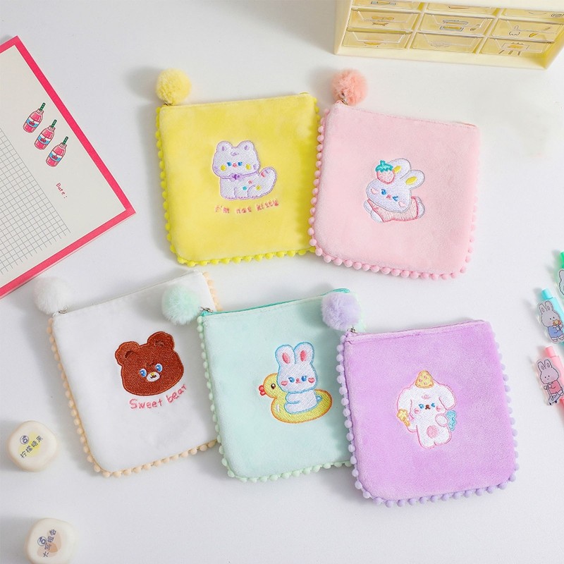 Cute Women Bag Sanitary Napkins Flannel Girls Coin Purse Sweet Embroidery Animals Card Case Holder Storage Female Money Bag