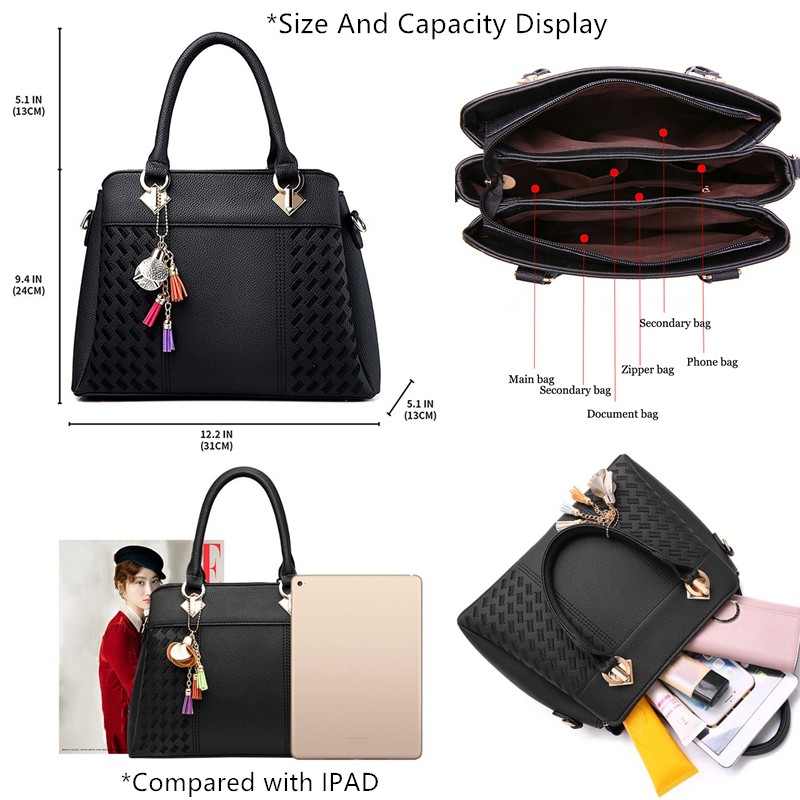 Women Handbags Tassel PU Leather Bag Top-Handle Embroidery Crossbody Bag Shoulder Handbags