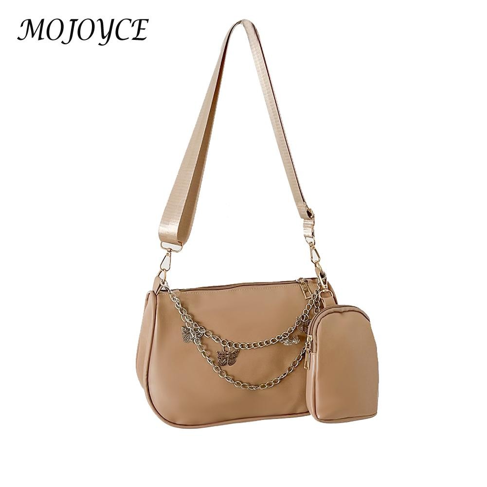 Elegant Women's Shoulder Bag PU Leather Pure Color Underarm Fashion Bags Ladies Butterfly Chain Travel Handbag