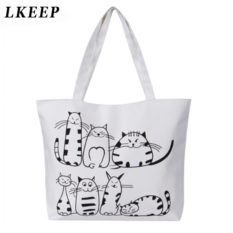 Women's Shopping Bag Cat Cartoon Printed Shoulder Bag Women Large Capacity Canvas Beach Bag Tote Ladies Shopping Bags