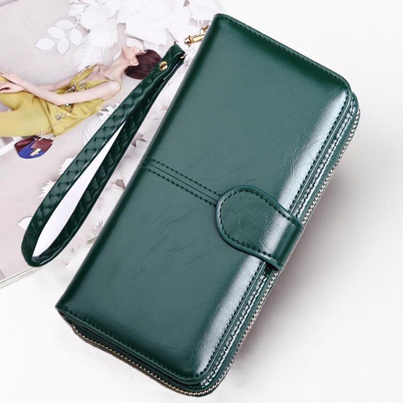 Leather Women Long Zipper Oil Wax Wallet Large Capacity Zipper Clip Wallet Ladies Long Wristlet Clutch Coin Card Holder Portomonee