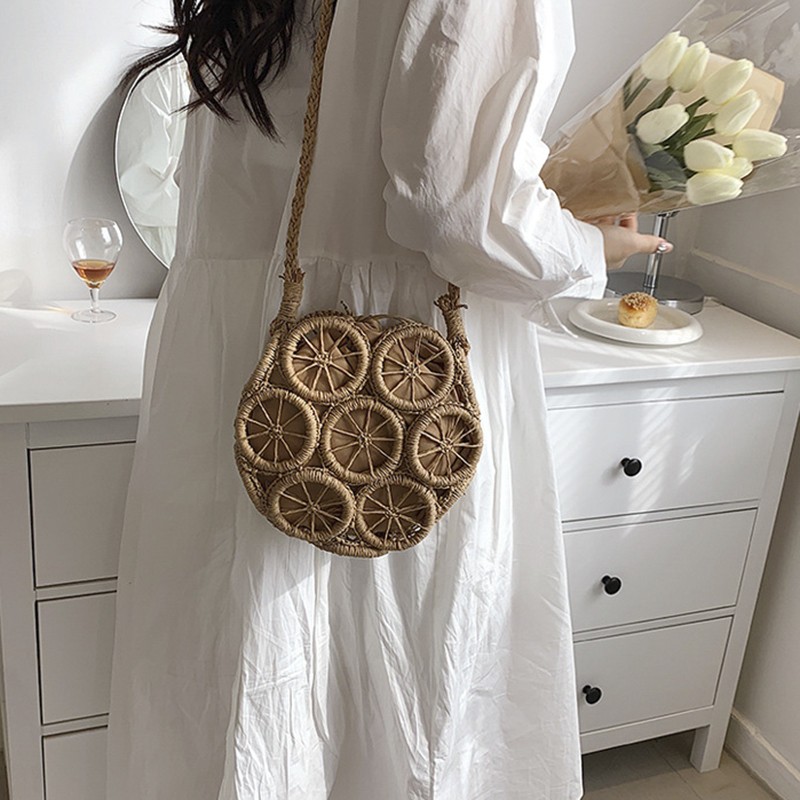 Round Beach Summer Straw Bag Handmade Woven Designer Bohemian Casual Travel Crossbody Circle Rattan Shoulder Bags Woman