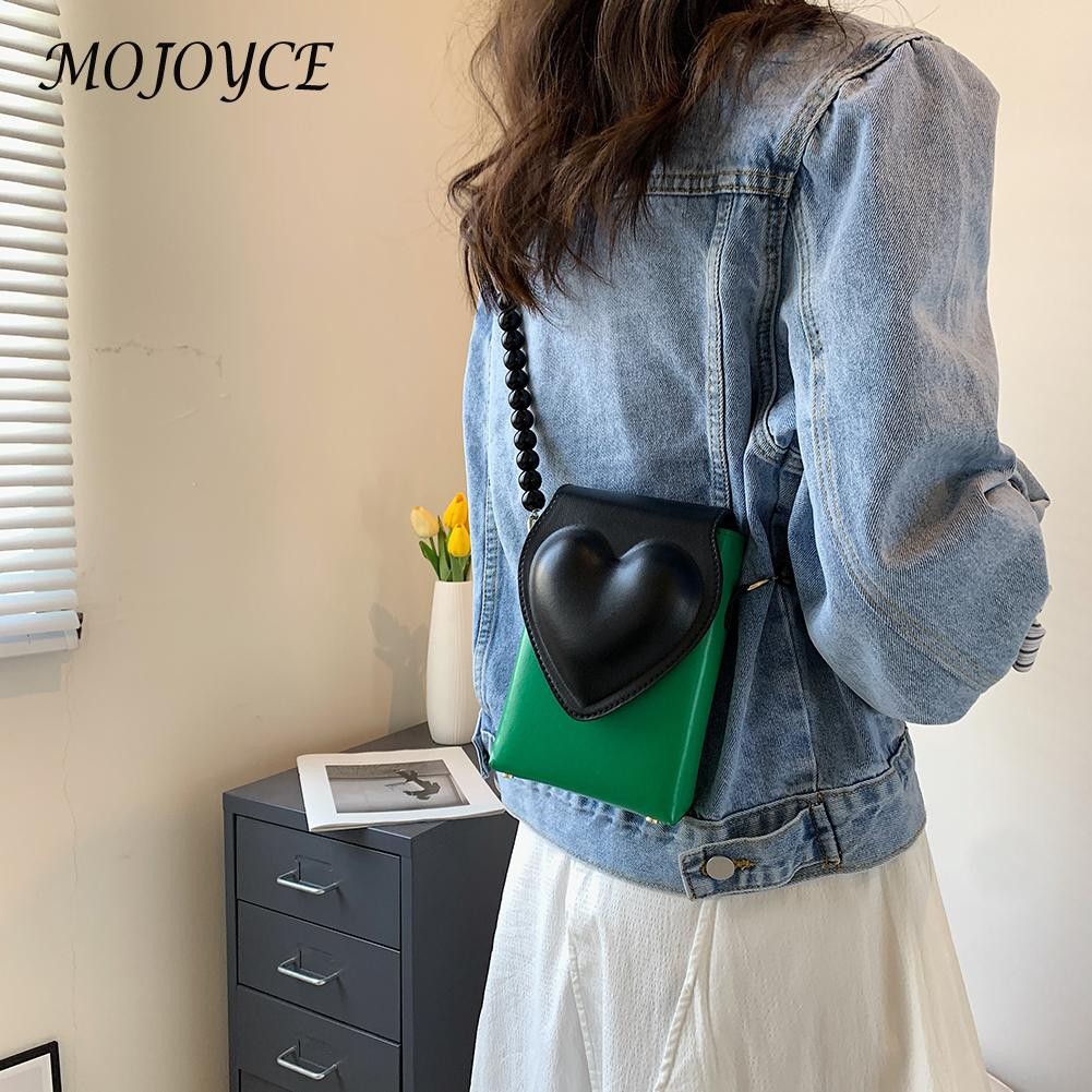 Fashion Heart Flap Bead Strap Shoulder Bag for Woman PU Leather Female Handbags for Ladies Women Outdoor Shopping