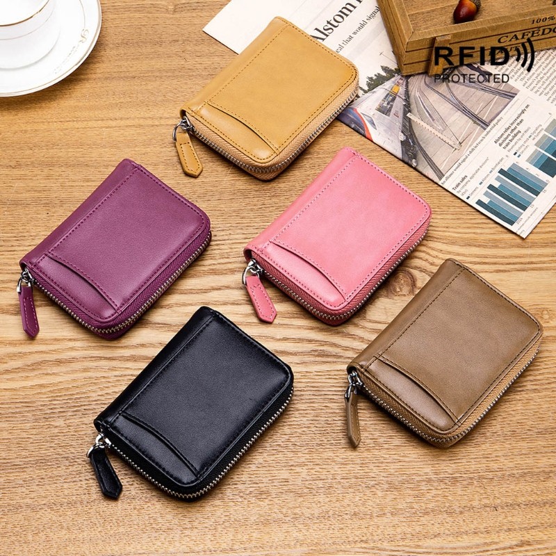 Unisex Leather Credit Card Wallet RFID Zipper Wallet for Men Women Small Pocket Organizer Key Holder Changing Storage Bag