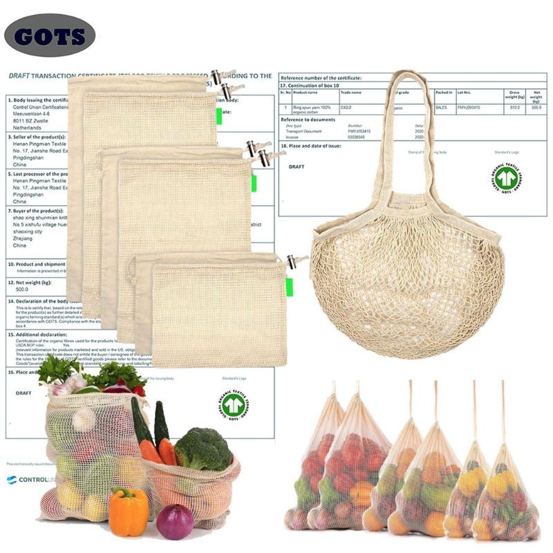 7pcs Organic Cotton Mesh Shopping Bag Gauze Net Bag With Drawstring Reusable Shopping Tote Food Storage Grocery Shoulder Bag