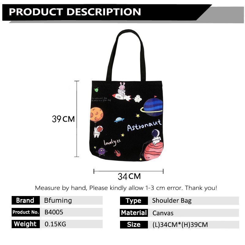 Bfuming Cute Canvas Zipper Shopping Bag Large Capacity Tote Bag For Girls Fashion Shoulder Bag