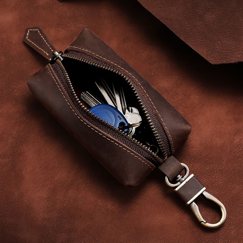 Men Crazy Horse Genuine Leather Key Wallet Coin Card Holder Money Bag With Keyring Zipper Pocket Car Mini Key Holder Purse