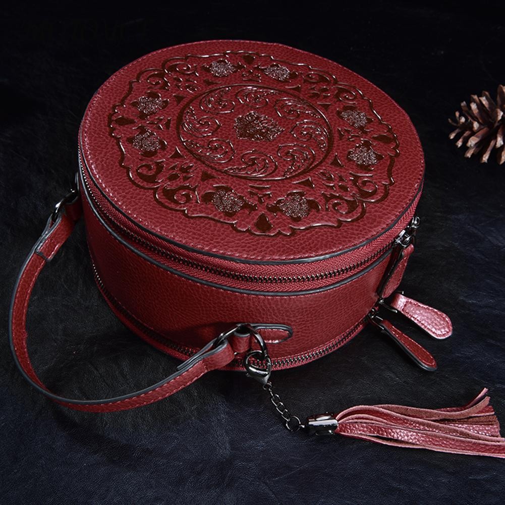 Round Shoulder Bags Vintage Flower Casual Leather Tassel Small Handbag Tote for Ladies Outdoor Shopping Travel