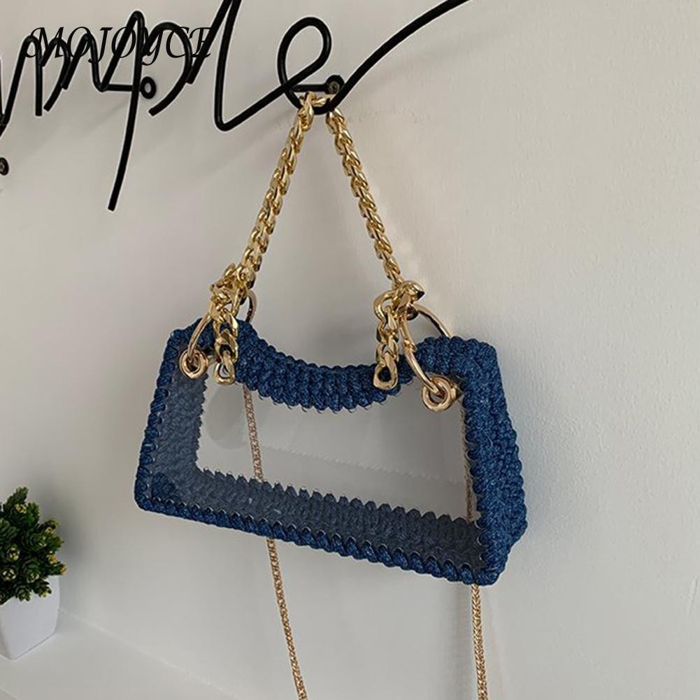 Summer Women Hand Woven Handbag Clear Waterproof Chain Shoulder Crossbody Bags Women Summer Wallet for Travel Shopping