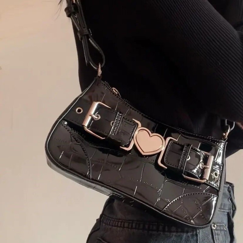 Xiuya Motorcycle Style Cool Shoulder Bag 2022 Crocodile Pattern Black Hot Girls Underarm Cell Phone Bag Metal Heart Handbags