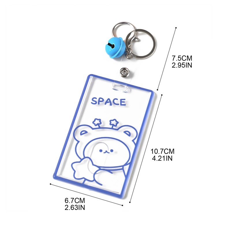 X7YA 1pc Transparent Acrylic Business Card Holder For Staff Staff With Keyring Bell Cartoon Pattern Pass Card Cover Bus Cards