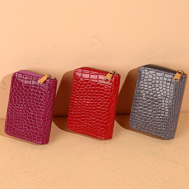 Solid Crocodile Pattern Women Card Holder PU Leather Credit Card Holder Zipper Business Card Pocket Unisex Travel Wallet