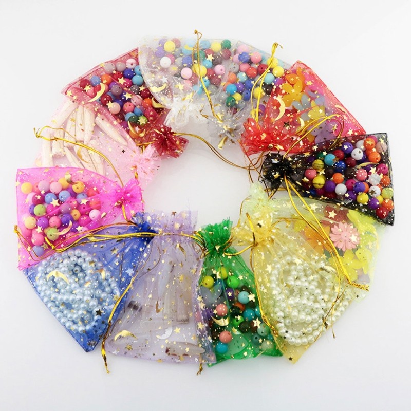 100pcs Moon Star Drawstring Organza Small Drawstring Bags Jewelry Gift Bag Pouch X7YA