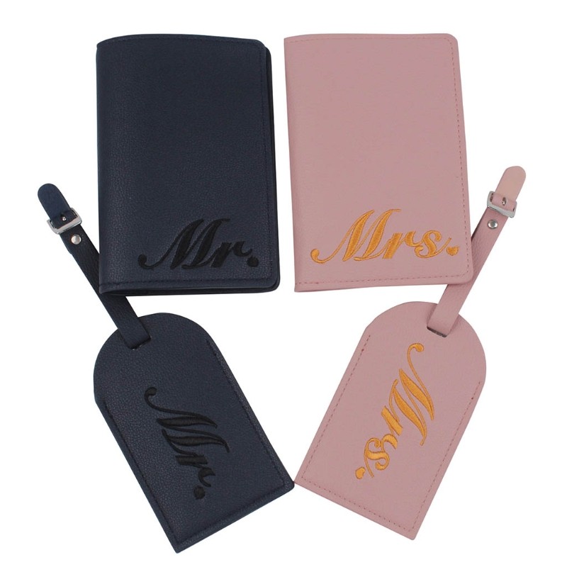 4pcs Mr and Mrs Wedding Luggage Tags Passport Covers Embroidery for Wedding Coupe