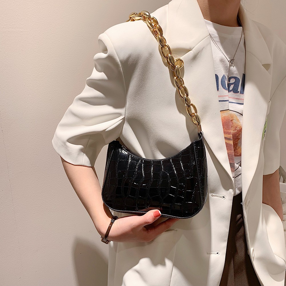 Ladies PU Leather Chain Shoulder Bag Women Underarm Bag Fashion Crocodile Pattern Zipper Shopping Handbag