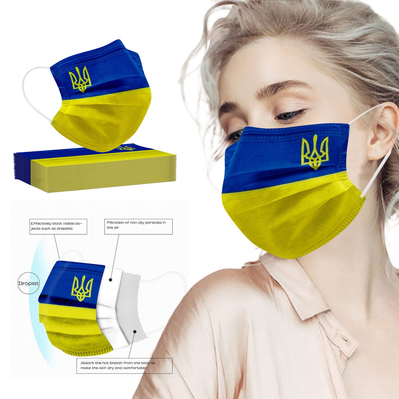 10/50pcs ukraine flag mask adult disposable mask face mask blue yellow printed 3 layers industrial ua ukr ukraine flag masks