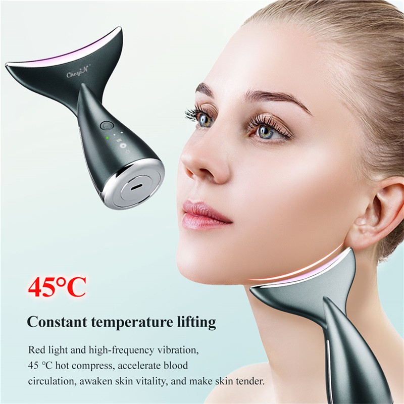 CkeyiN Microcurrent Neck Face Lift Machine 3 Color LED Photon Heating Therapy EMS Vibration Facial Slimmer Anti Wrinkle Massager