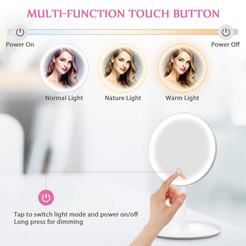 LED Makeup Mirror with Lamp Light with Storage Desktop Rotating Cosmetic Mirror Light Adjustable Dimming USB Vanity Mirror