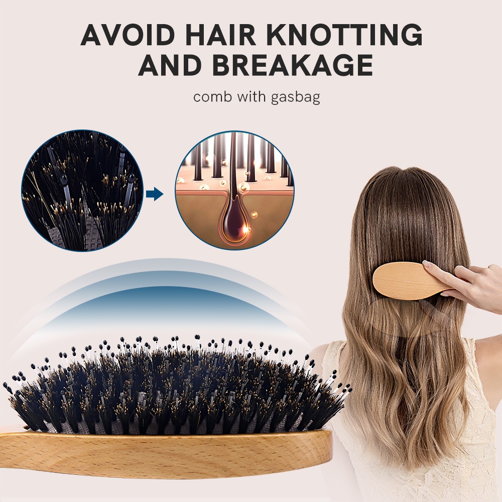 Miss Sally Wooden Hair Brush Anti-static Scalp Massage Comb With Boar Bristle Air Cushion Comb For Women Men Wet & Dry Hair