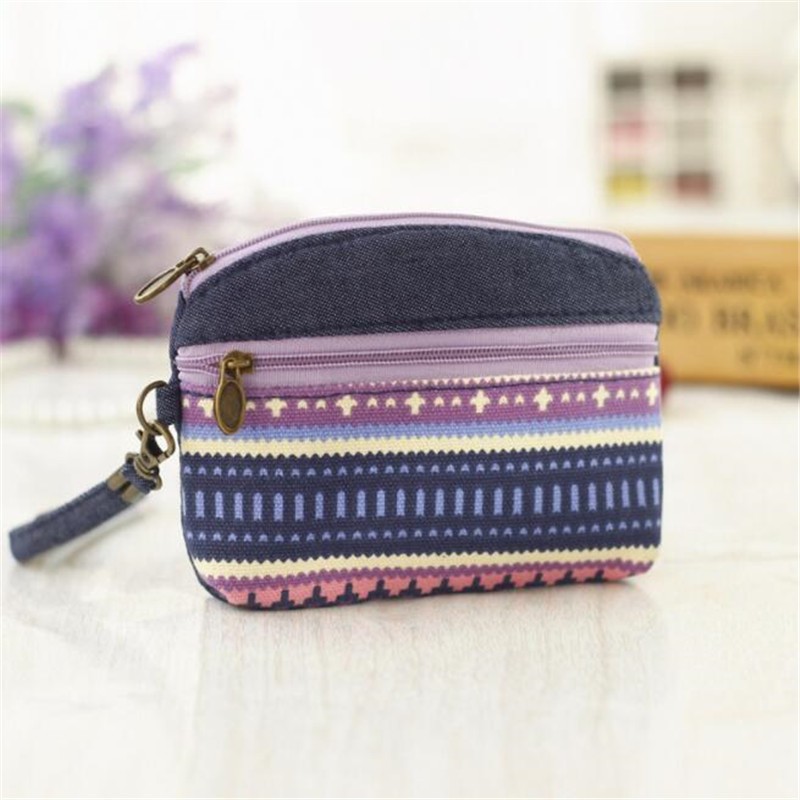 Women Ethnic Cotton Fabric Coin Purse Clutch Card Key Holder Children Kids Wallet Double Zipper Coin Purse porte monnaie femme