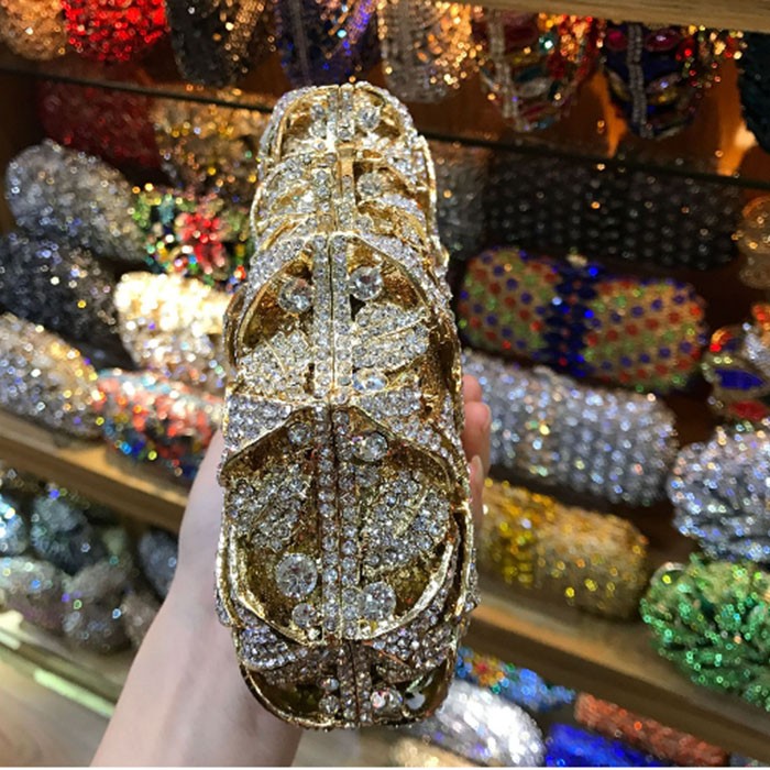 Openwork Crystal Handbags For Women Green Gold Silver Blue Floral Pattern Diamond Bridal Solid Evening Bag