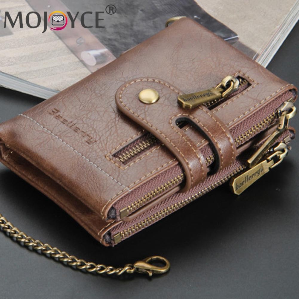 Retro Men Double Zipper Portable Mini Wallet Multi Slot Card Holder Small Wallet With Chain Fashion Solid Color PU Leather Burse