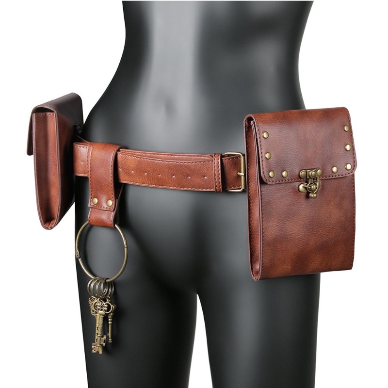 Vintage Leather Belt Waist Pack Women Men Steampunk Double Pouch Waist Bag Phone Holder Waterproof Bum Purse Knight Costume