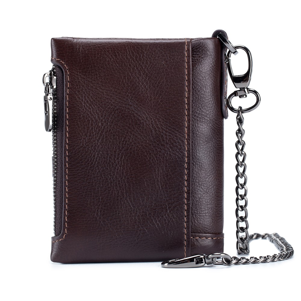 New Genuine Leather Men Wallet Brand Double Zipper Man Wallet Vintage Cowhide Male Card Coin Bag With Iron Chain