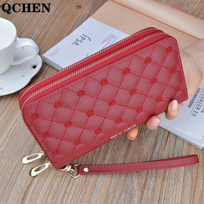 Long Wallet Double Zipper Crown Embroidery Thread Wallet Women Multi Cards Fashion Wild Mobile Phone Bag Wallets 785