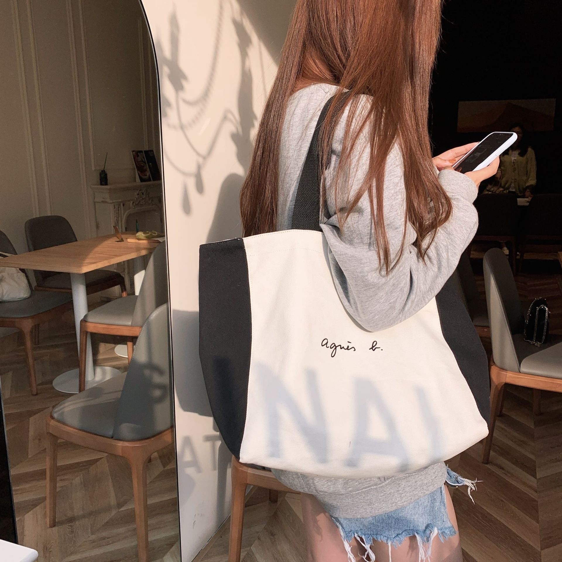 Agnes student double-faced tote bag canvas bag women's shoulder bag simple fresh wind large capacity portable canvas bag