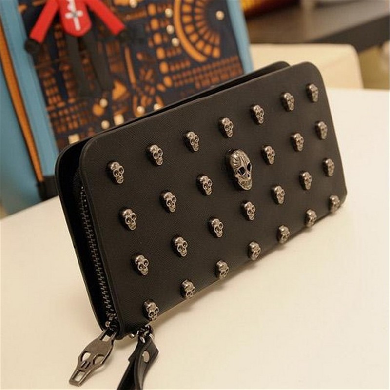 2021 Hot Sale Women Wallets Metal Skull Wallet Card Wallet Leather Cuff Purse Handbags For Women