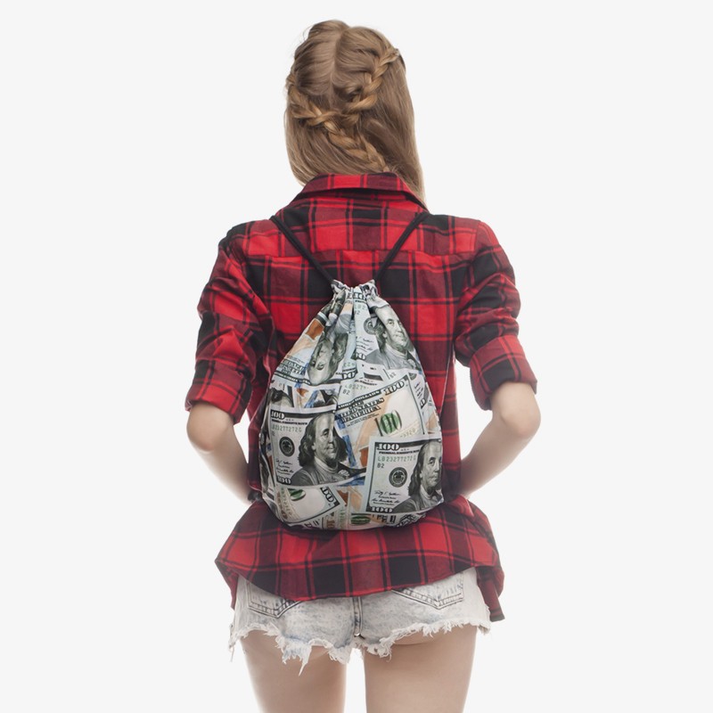 US Dollars 3D Print Drawstring Backpack Fashion Silver Mochila Cuerda Out The Door Drawstring Backpack Women Men Modis String Bag Girl