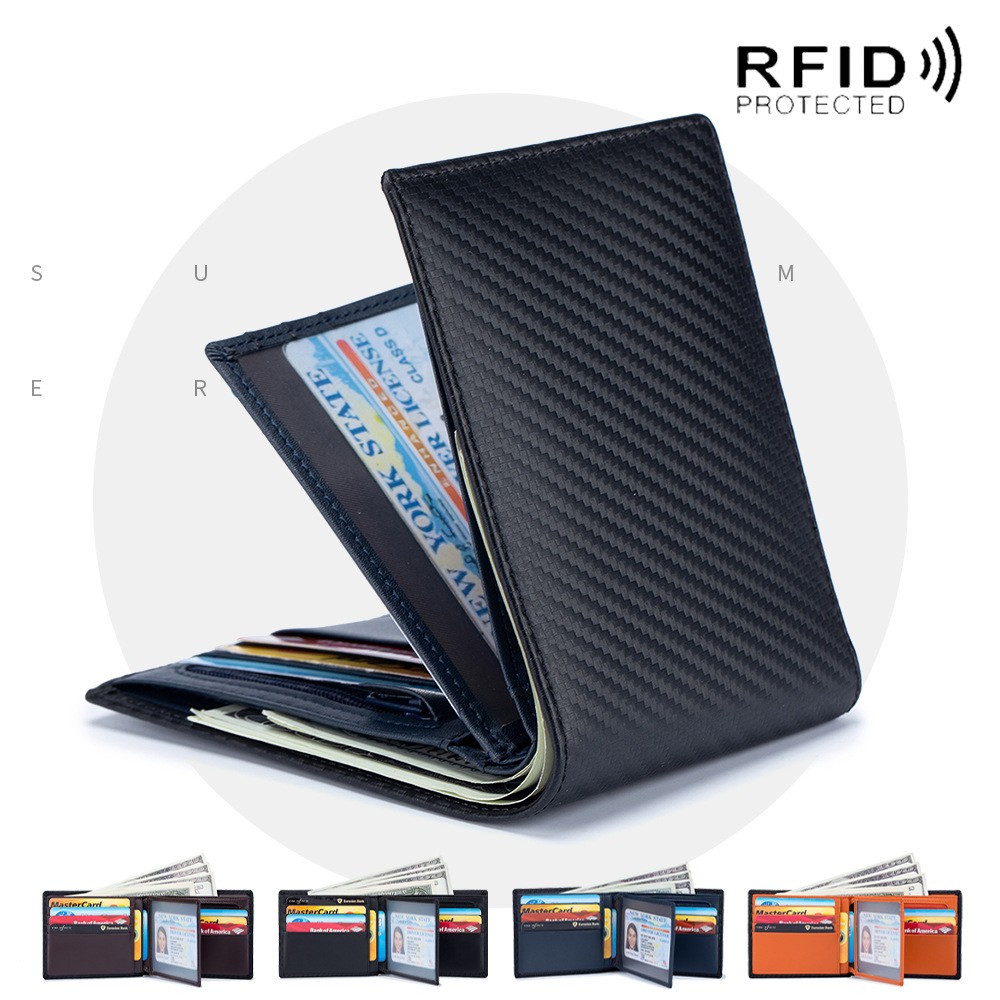 Rfid-محفظة من الجلد الطبيعي وألياف الكربون للرجال ، محفظة رجالية من الجلد الطبيعي مع حامل بطاقات ، محفظة صغيرة ، محفظة سوداء